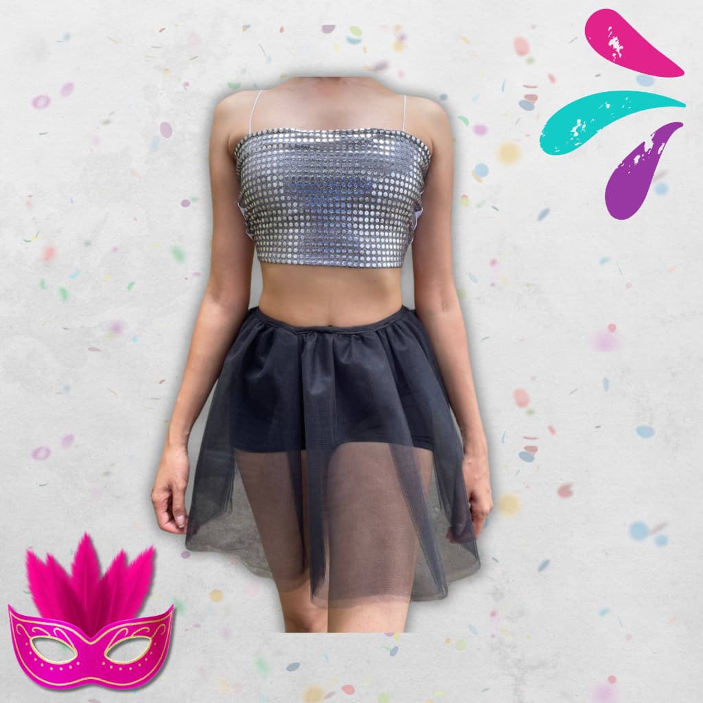 Top Cropped Faixa com paetee Alça e saia tule