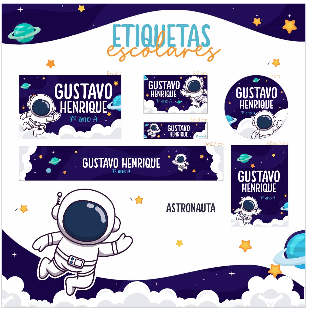 Etiquetas Escolar -100 Adesivos Personalizados- Para Material Escolar- Tema Astronauta- Menino