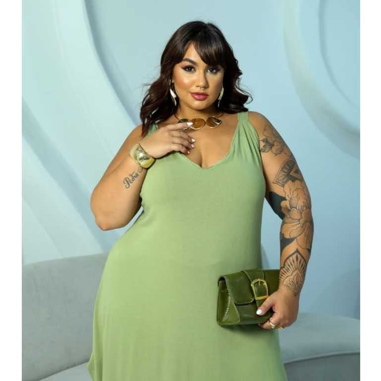 VESTIDO LONGO KIWI PLUS SIZE VISCOLYCRA DECOTE EM V COM ABERTURA LATERAL VESTE DO 46 AO 52
