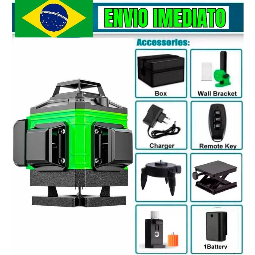 Nível Laser Profissional 16 Linhas Verde Completo + Suporte
