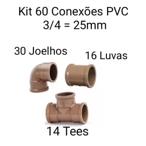 kit 60 Conexões 3/4 = 25mm (30 Joelho + 16 Luva + 14 Tee) - KRONA