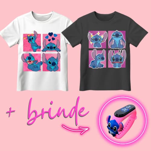 KIT 2 CAMISETAS + BRINDE BLUSAS INFANTIL DE MENINA STITCH ROSA