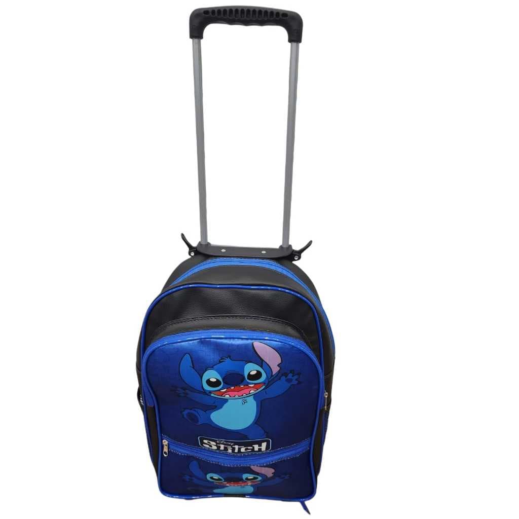 Mochila escolar masculina rodinha infantil stitch bolsos laterais