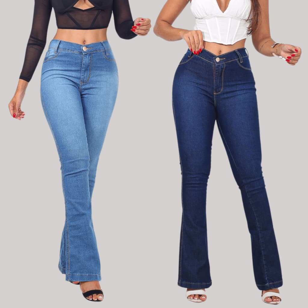 Kit 2 Calças Jeans Feminina Flare Com Elastano Jeans Feminino Calça Pantalona Cintura Alta Calça Flare Empina Bumbum