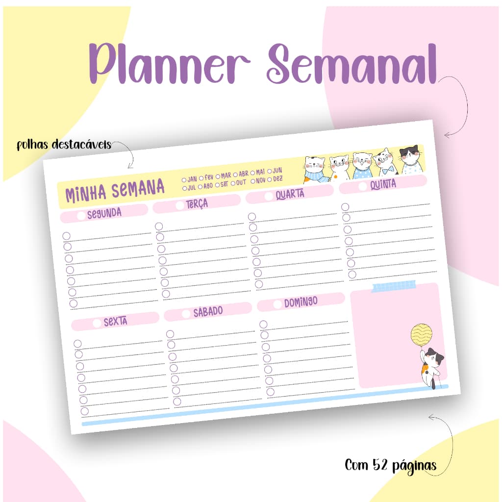 Planner Semanal Gatinhos 52 paginas