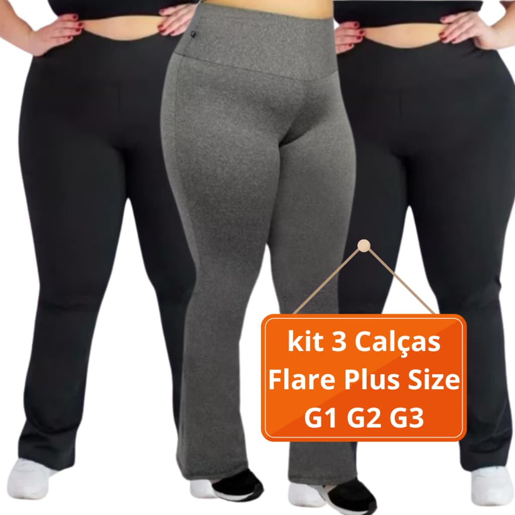Kit 3 Calça Legging Leg Preto e Cinza Bailarina Feminina Plus Size Calça Flare Boca De Sino Feminino Empina Bumbum