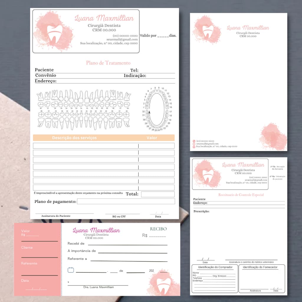 Kit odontológico - namnese + plano de tratamento +  termo de uso de imagem + receituário + atestado + recibo + s. exames