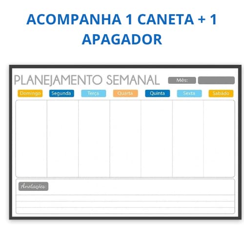 Planner Semanal Light MDF Revestido Preto FIT 90cmx60cm + 1 Caneta + Apagador
