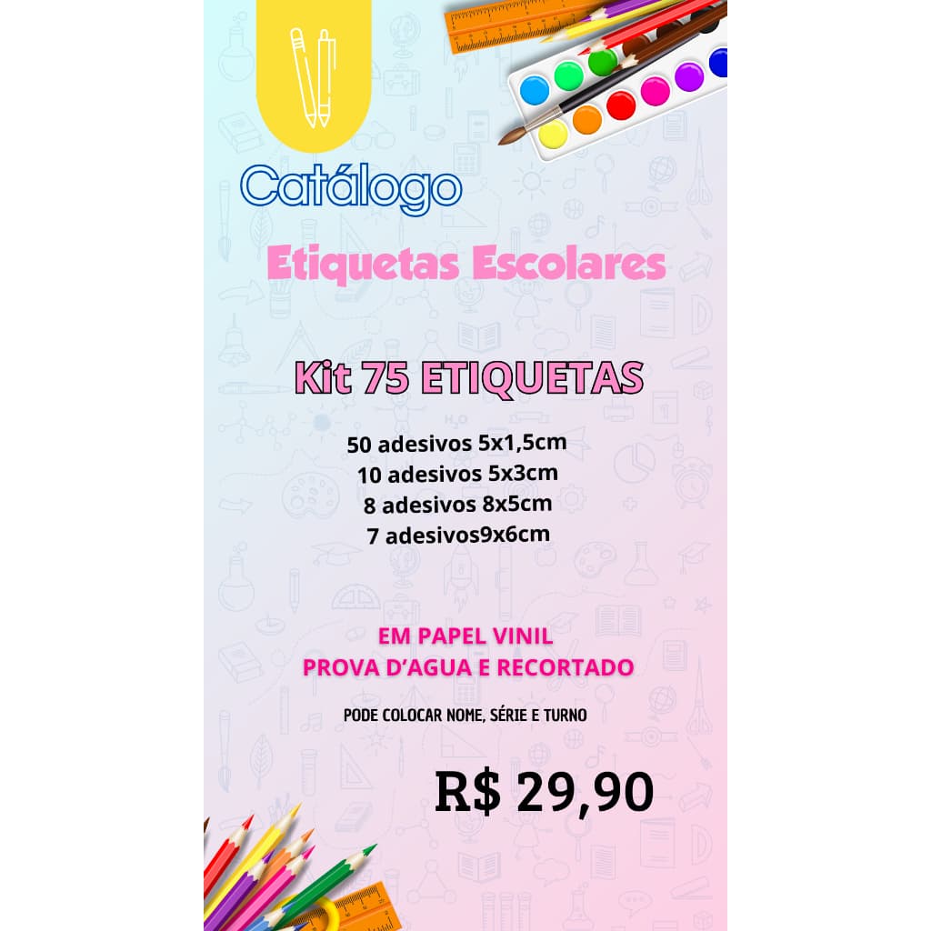 KIT 75 ETIQUETAS ESCOLARES VARIOS TEMAS