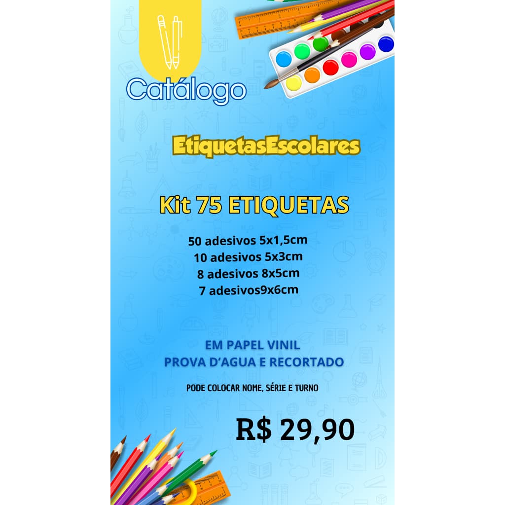 KIT 75 ETIQUETAS ESCOLARES VARIOS TEMAS