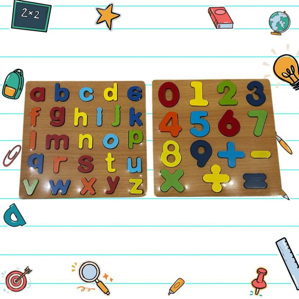 kit 2 Tabuleiros Madeira MDF Alfabeto Minúsculo e Números 0 a 9 e Sinais