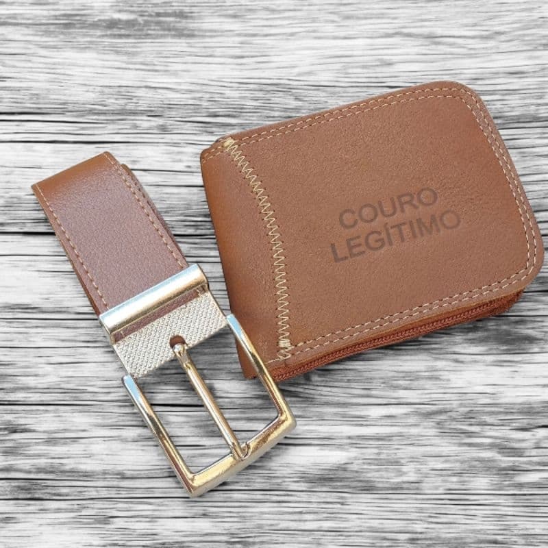 Kit carteira masculina de couro legítimo e cinto social