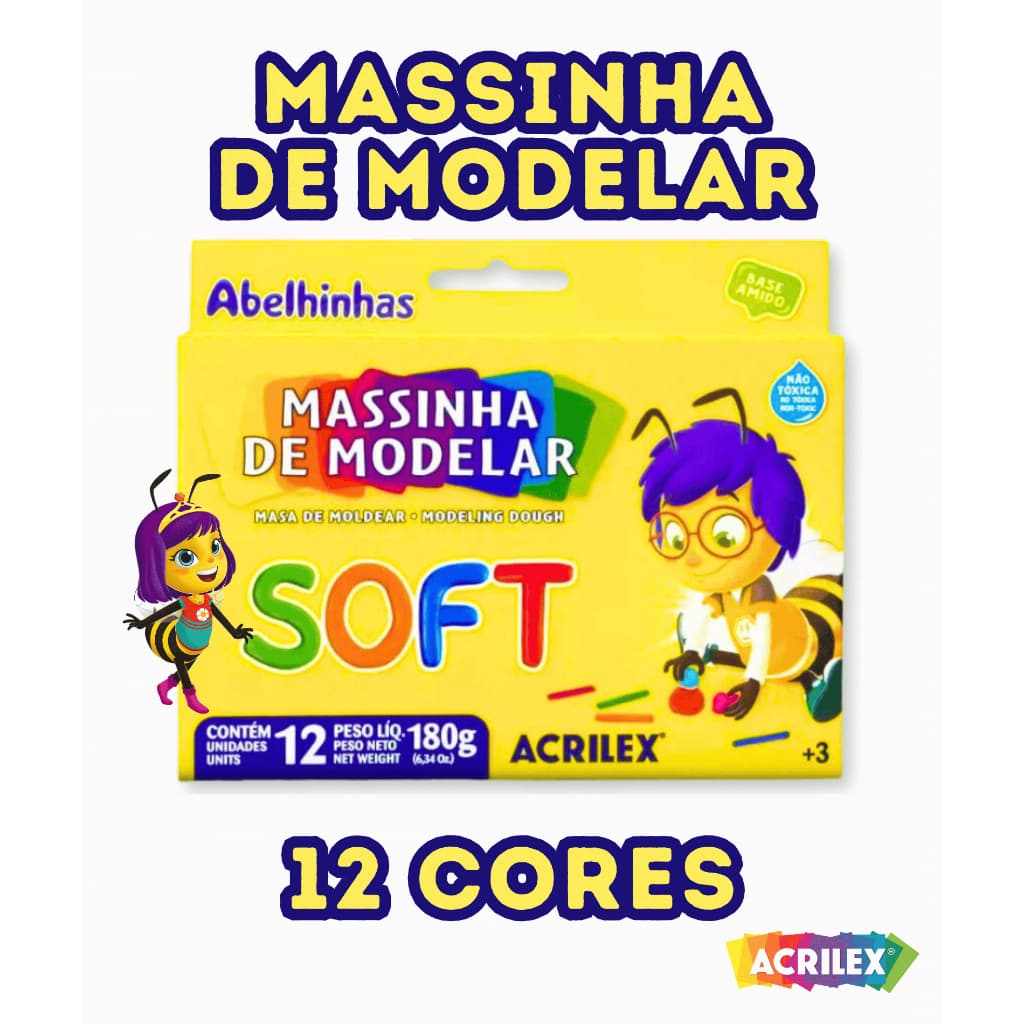 Massinha Infantil Atóxica Acrilex Soft 12 Cores – Modelagem Criativa e Escolar com Frete Rápido