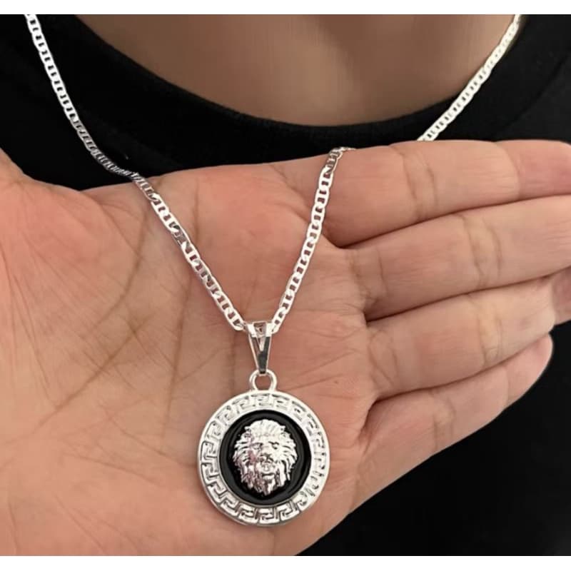 Corrente Cordão Masculino Prata Mista + Pingente Leão de Judá