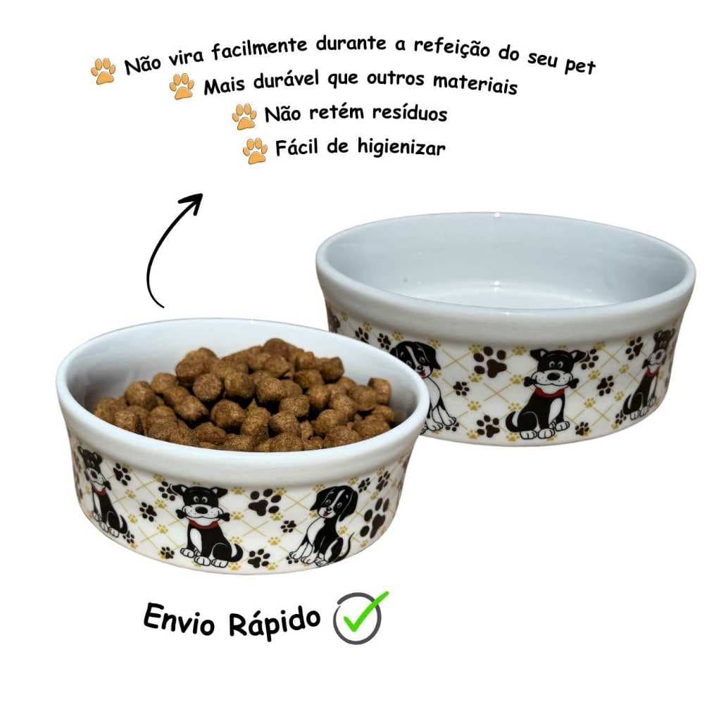 Pote De Ração Comedouro Bebedouro Cães Gatos Pets Porcelana Branca 600ML 2 Uni