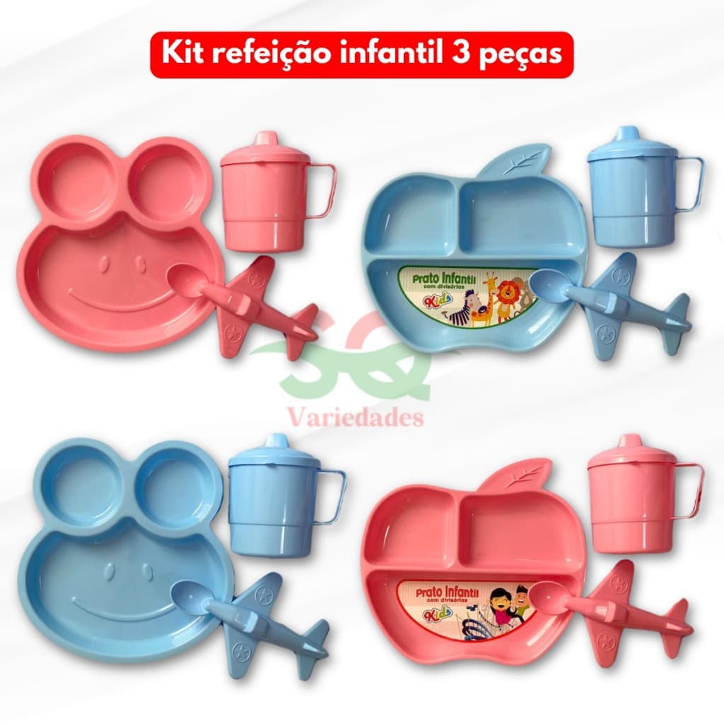 Jogo 3 Peças Prato + Colher Avião + Caneca Alimentação Refeição Merenda Escolar Creche Infantil