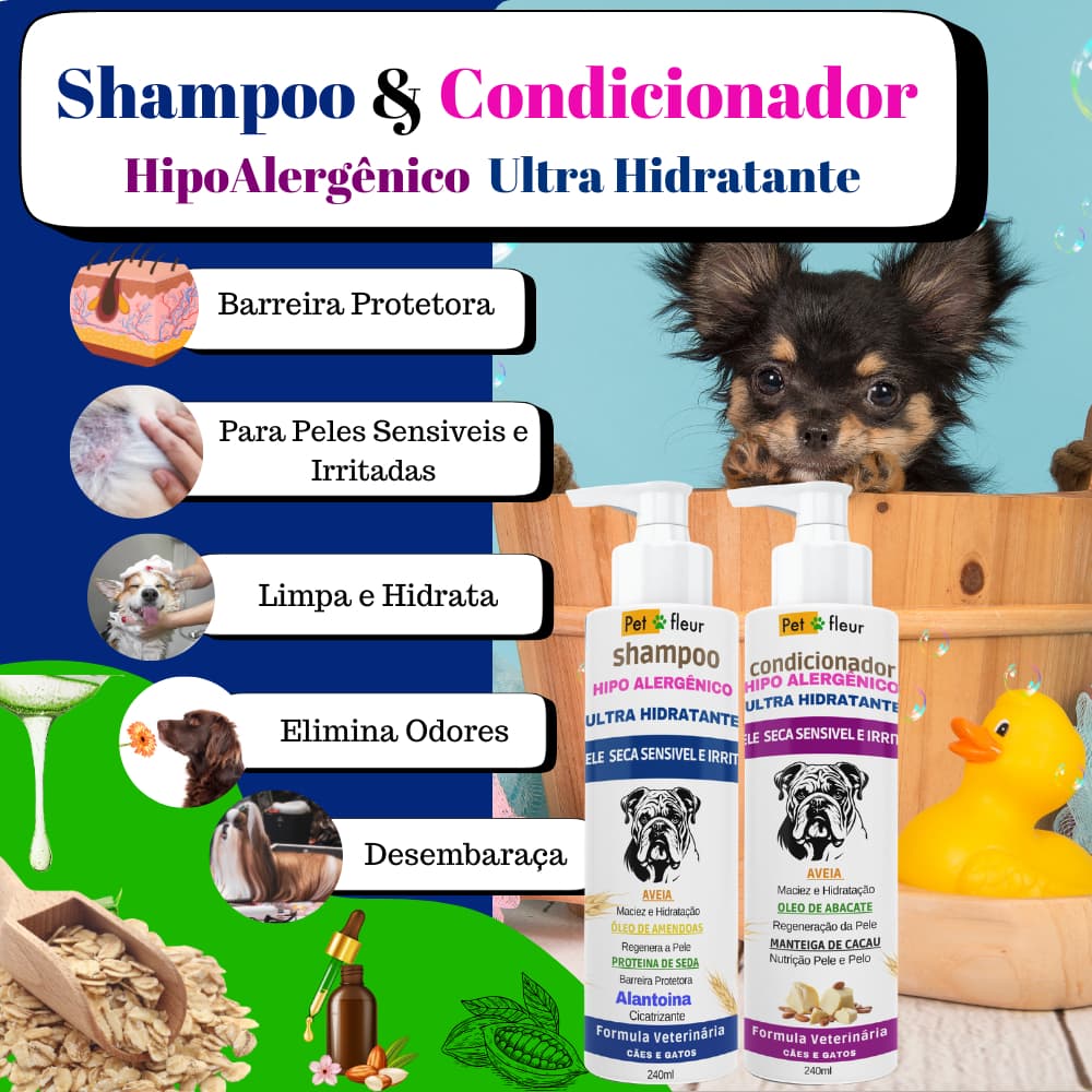 Kit Shampoo  Condicionador Hipoalergênico 240ml -  Cães e Gatos com Pele Seca e Sensível, Aveia e Alantoína