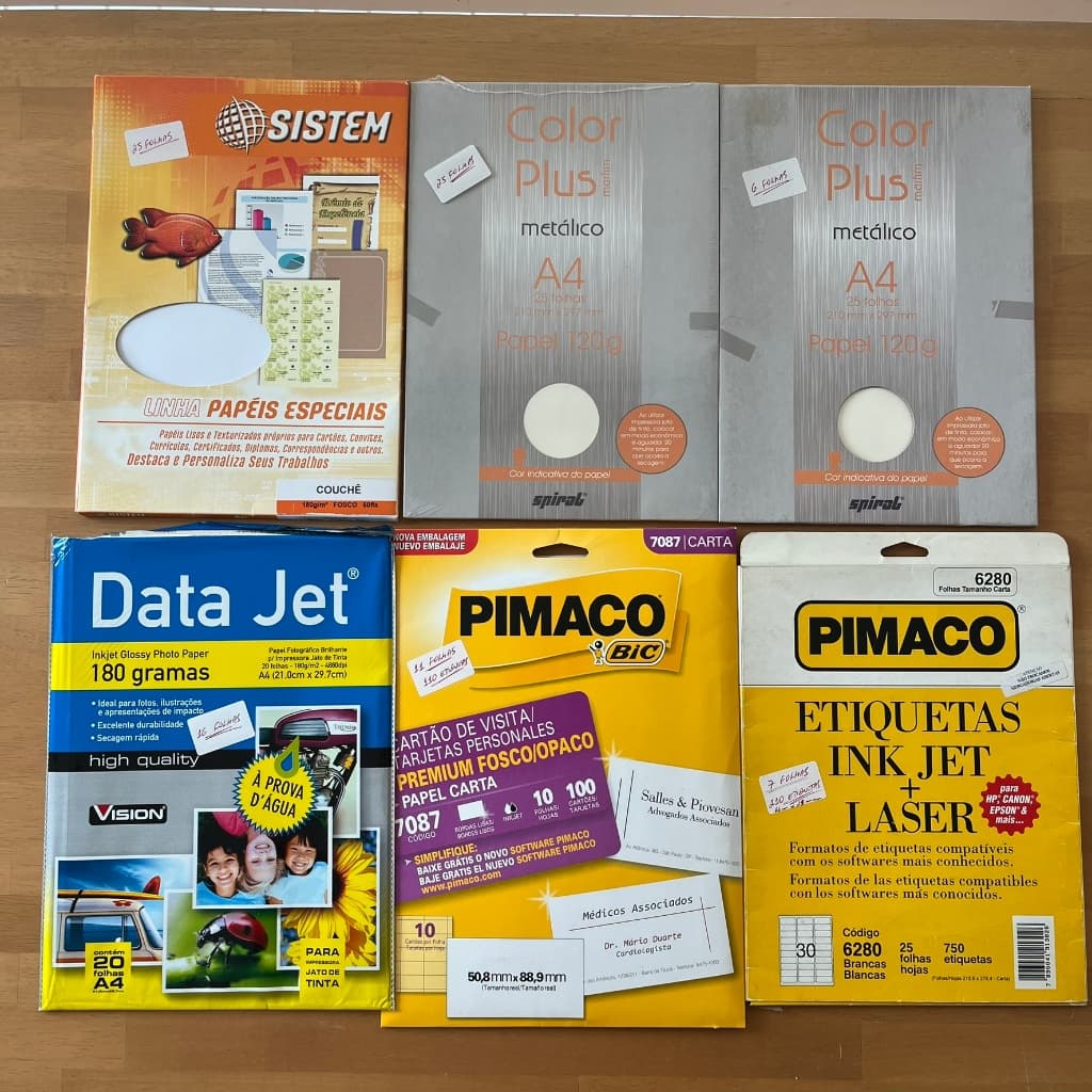 KIT Papel Couchê Branco + Papel Color Plus Metálico + Papel Fotográfico + Etiquetas Pimaco