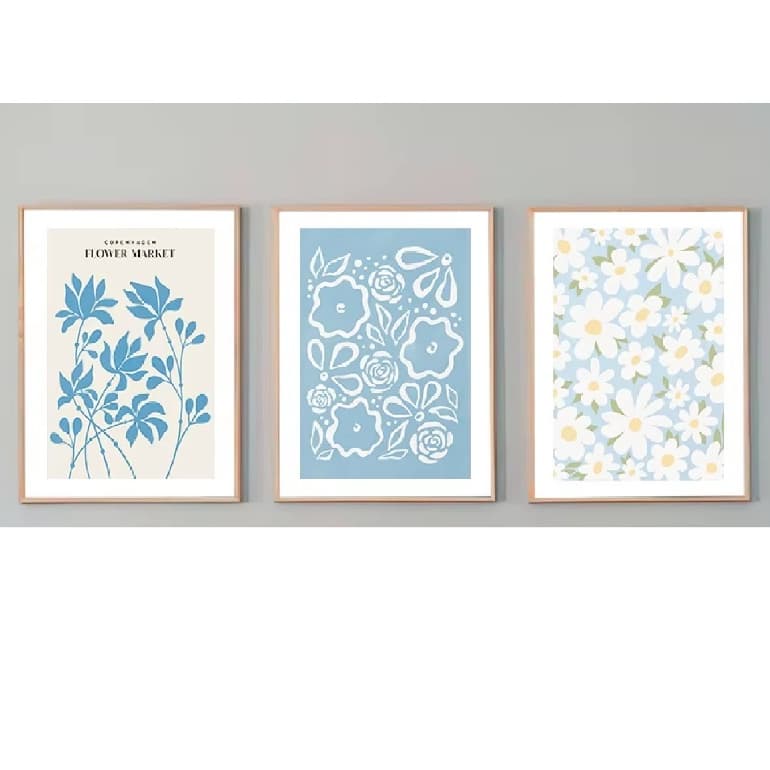 Quadros decorativos Flor azul mercado folha linha minimalismo arte (3 peças)