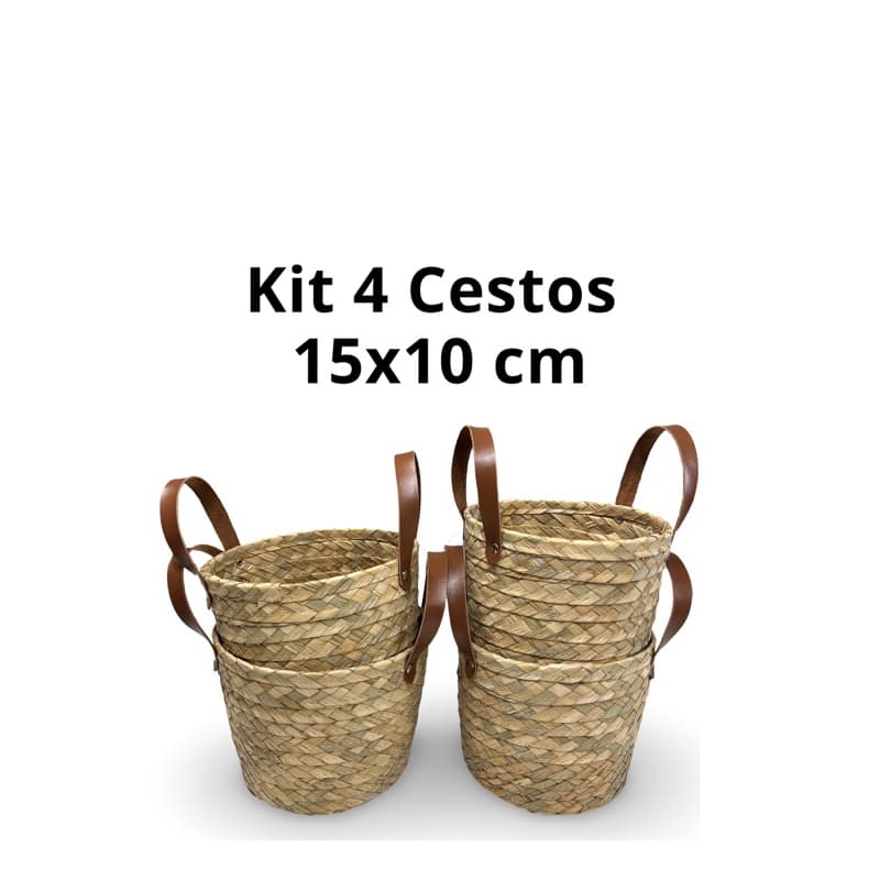 kit de 4 Vasos pequeno Cachipo 15x10cm de Palha Artesanal, Perfeito para Organização e Decoração