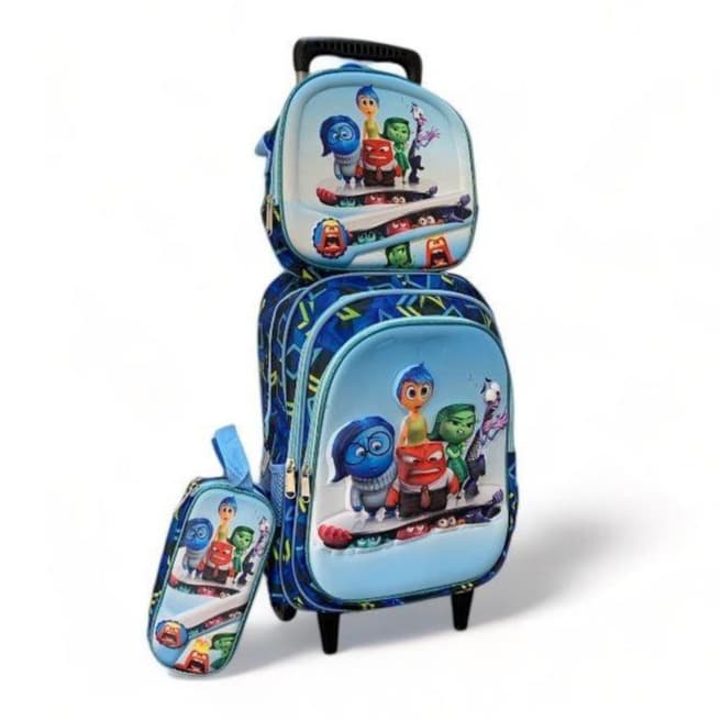 kit DIVERTIDAMENTE 3 D mochila de rodinhas, frasqueira térmica e estojo com 3 divisórias.