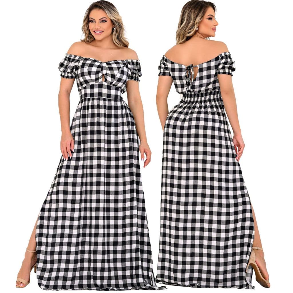 Vestido Longo Xadrez Decotado Moda Verão Festa Blogueira