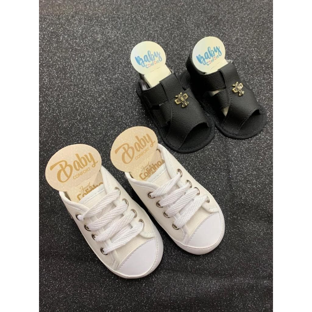 Saoatinho de bebê recém nascido - Kit Tênis Branco e Sandália Preta Masculina