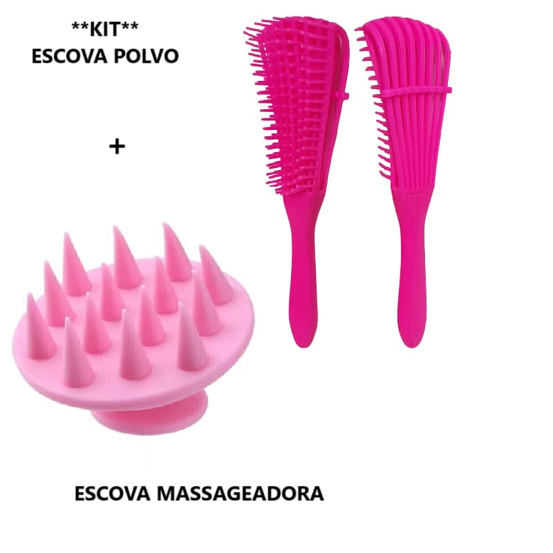 KIT Escova Polvo + Escova Massageadora Capilar de Silicone - Tamanho Único - Cores Sortidas