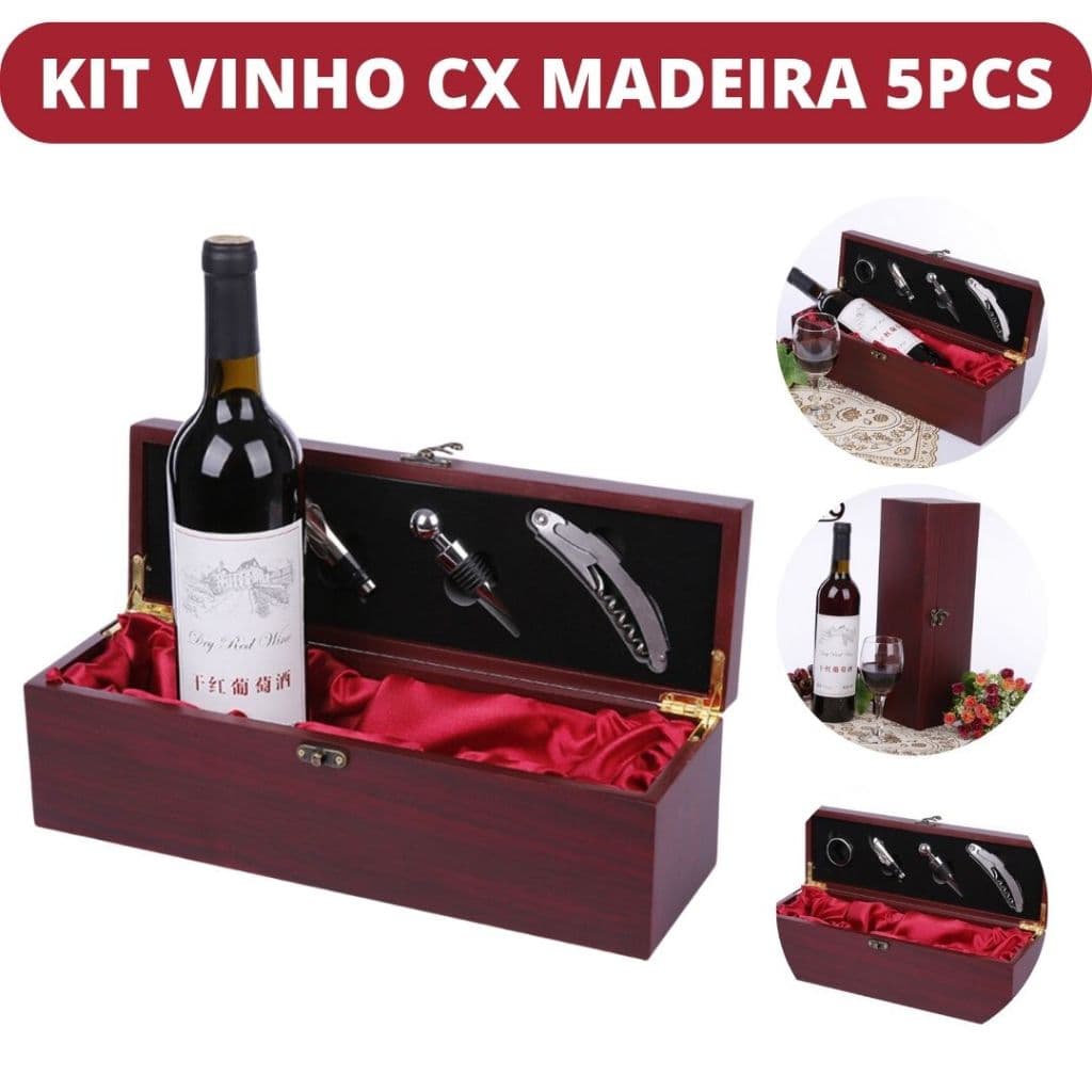 Kit Vinho Com 5 Peças Com Estojo E Porta Vinho De Madeira