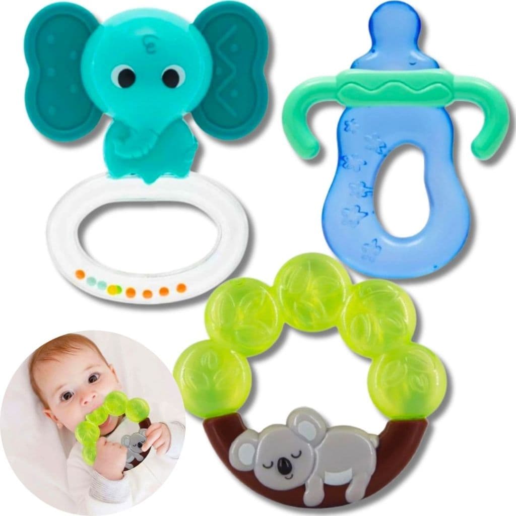 Kit 3 Mordedor Infantil Bebê Massageador Gengiva Dente Soft Chocalho Texturas Sensorial