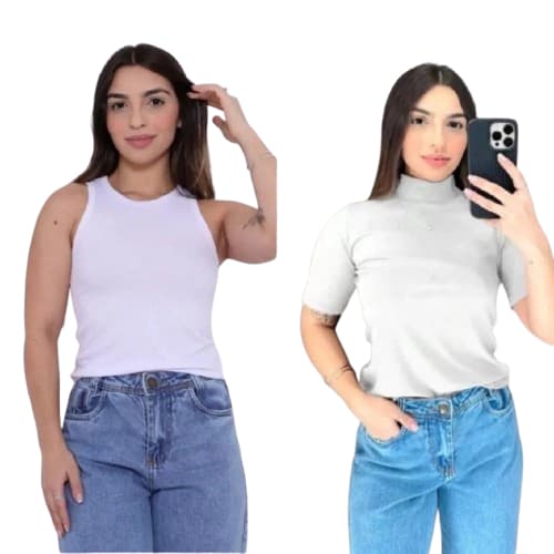 Kit Regata Branca americana e Baby Look Gola Alta Blusinha Canelada