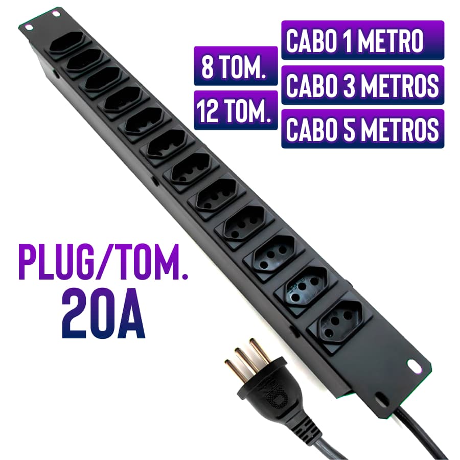 Régua Rack 19" Pol C/ 12 e 8 Tom. Cabo1mt 3mt 5mt Tomadas e Plug 20A