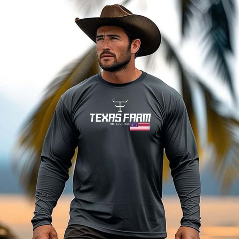 Camisa Texas Farm UV Proteção Manga Longa Country Masculina Bandeirinha Algodão Estilo Western