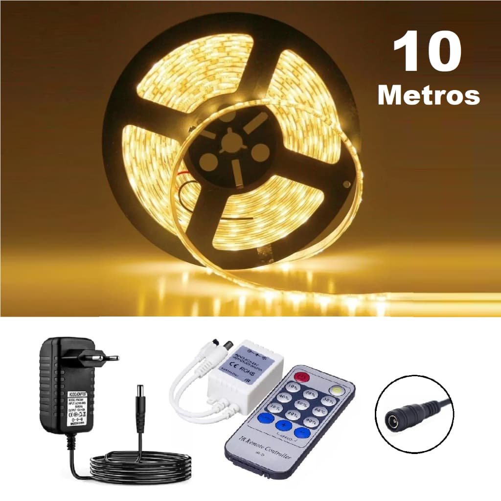 Fita LED 10 Metros Branco Quente 0u Neutro 0u Frio + Dimmer + Controle Remoto + Fonte Bivolt _ 5M+5M