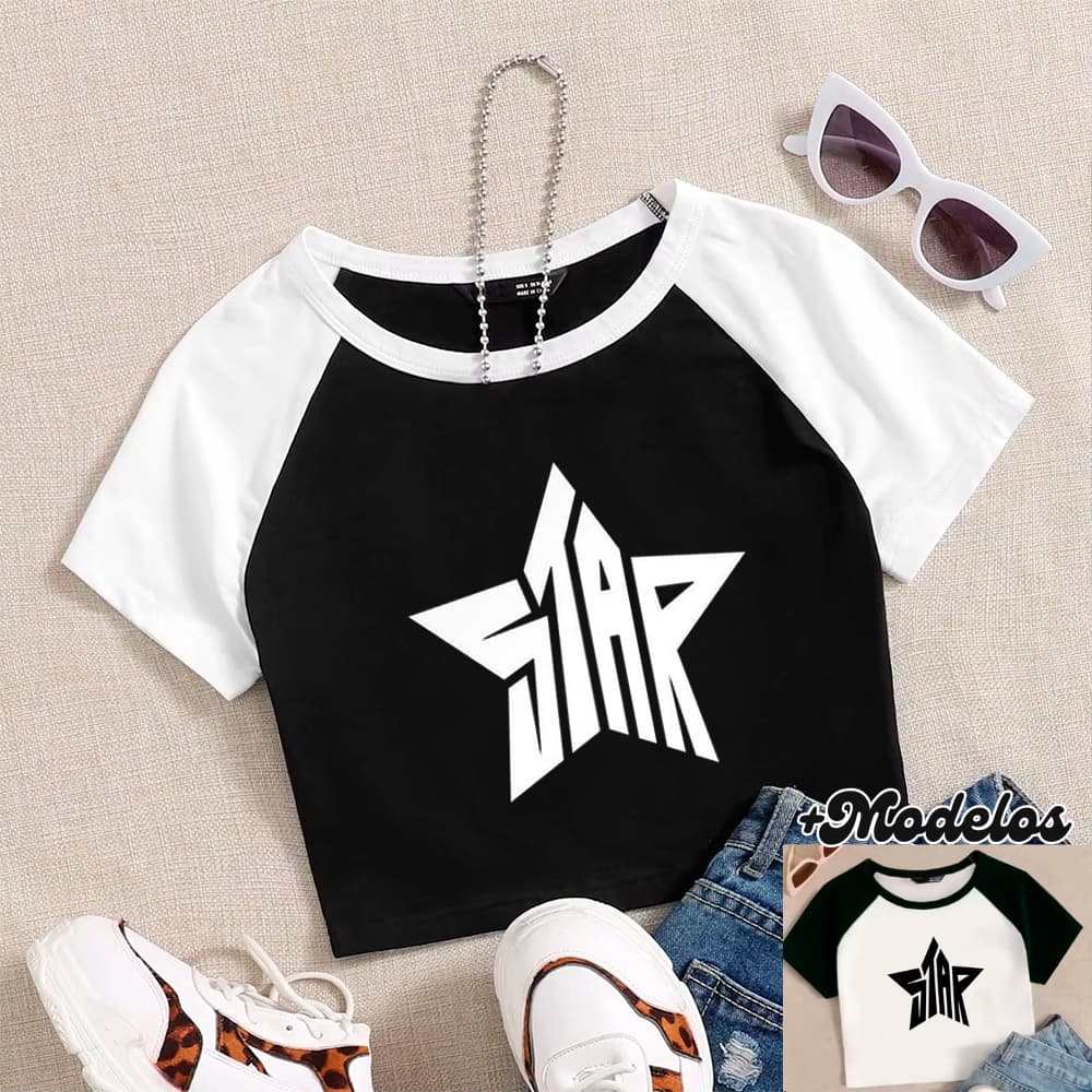 Cropped RAGLAN, Modelo ESTRELA STAR - Moda Alternativa Y2K Blogueira Grunge Punk Streetwear