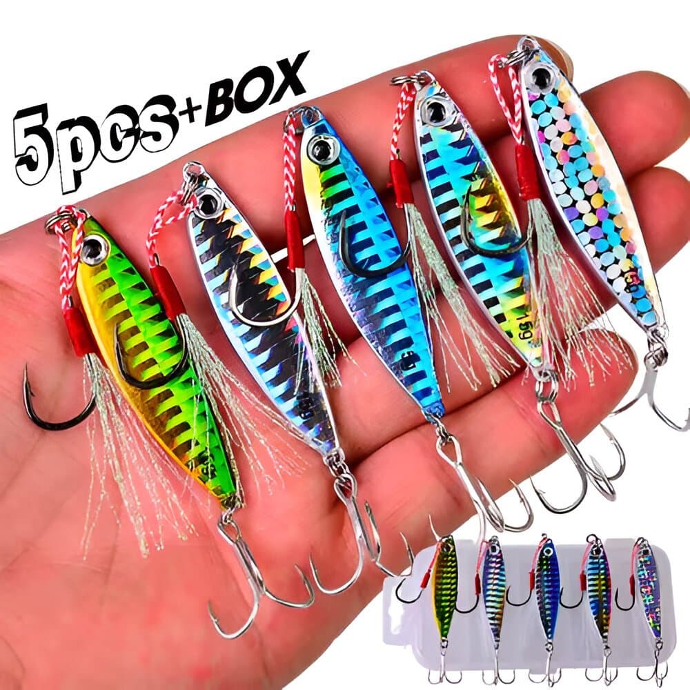 5Pcs Iscas de Pesca Lento Jig + Estojo | Isca Artificial de Metal 10g | 2,4,5 iscas