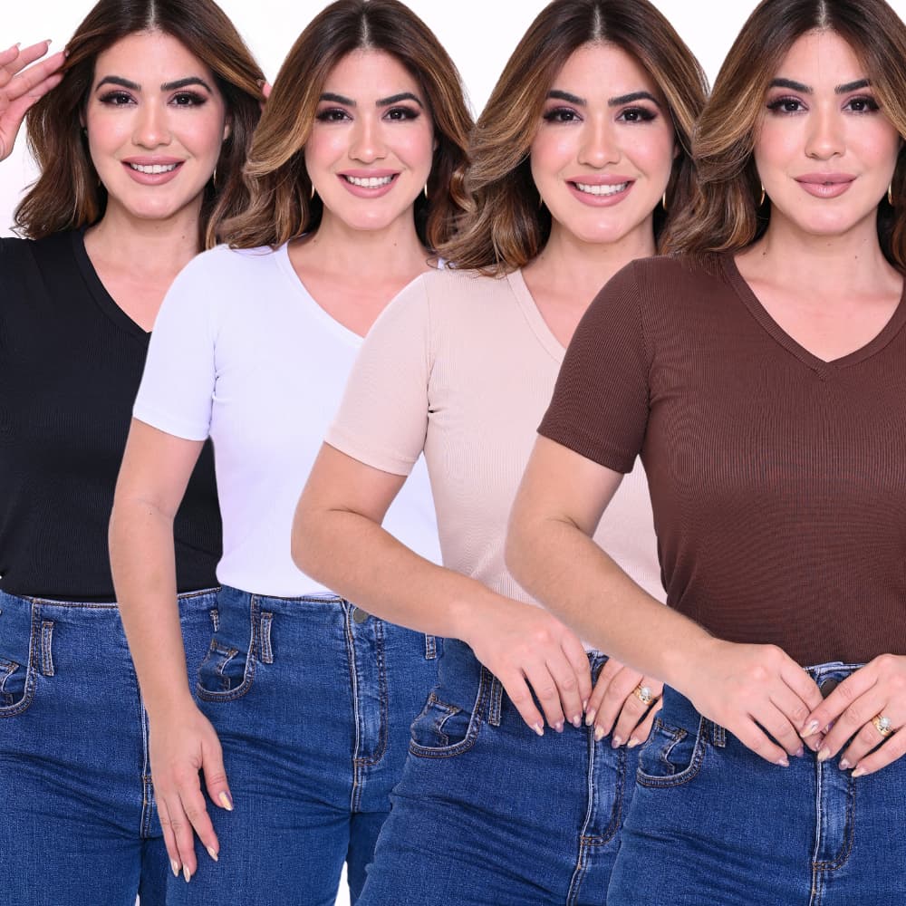 T-SHIRT DECOTADA KIT 4 BLUSAS CANELADAS GOLA V MANGA CURTA