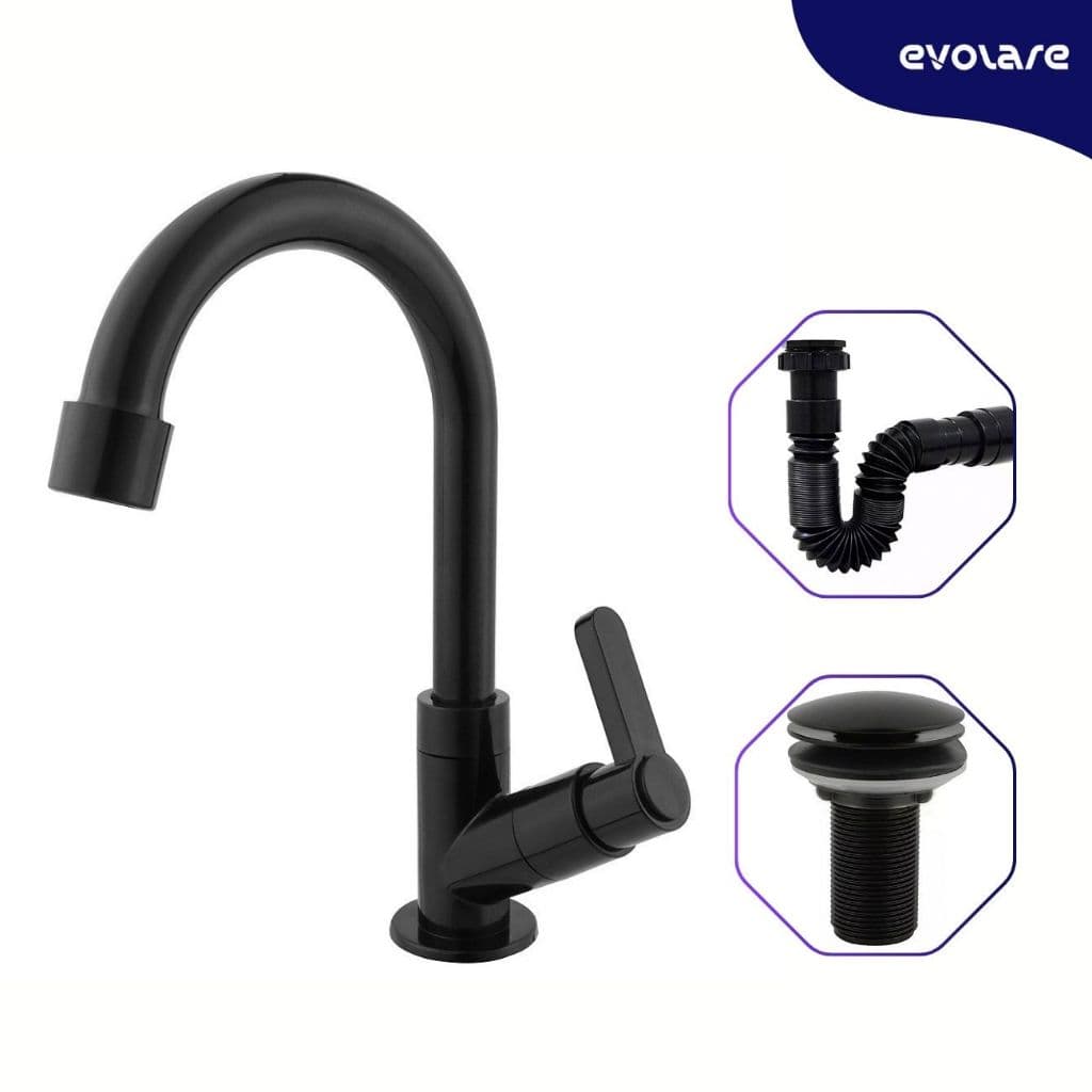 Torneira para Banheiro, Lavabo ou Lavatório Preto 1/4 de Volta ABS + Válvula Click 7/8 e Sifão Preto