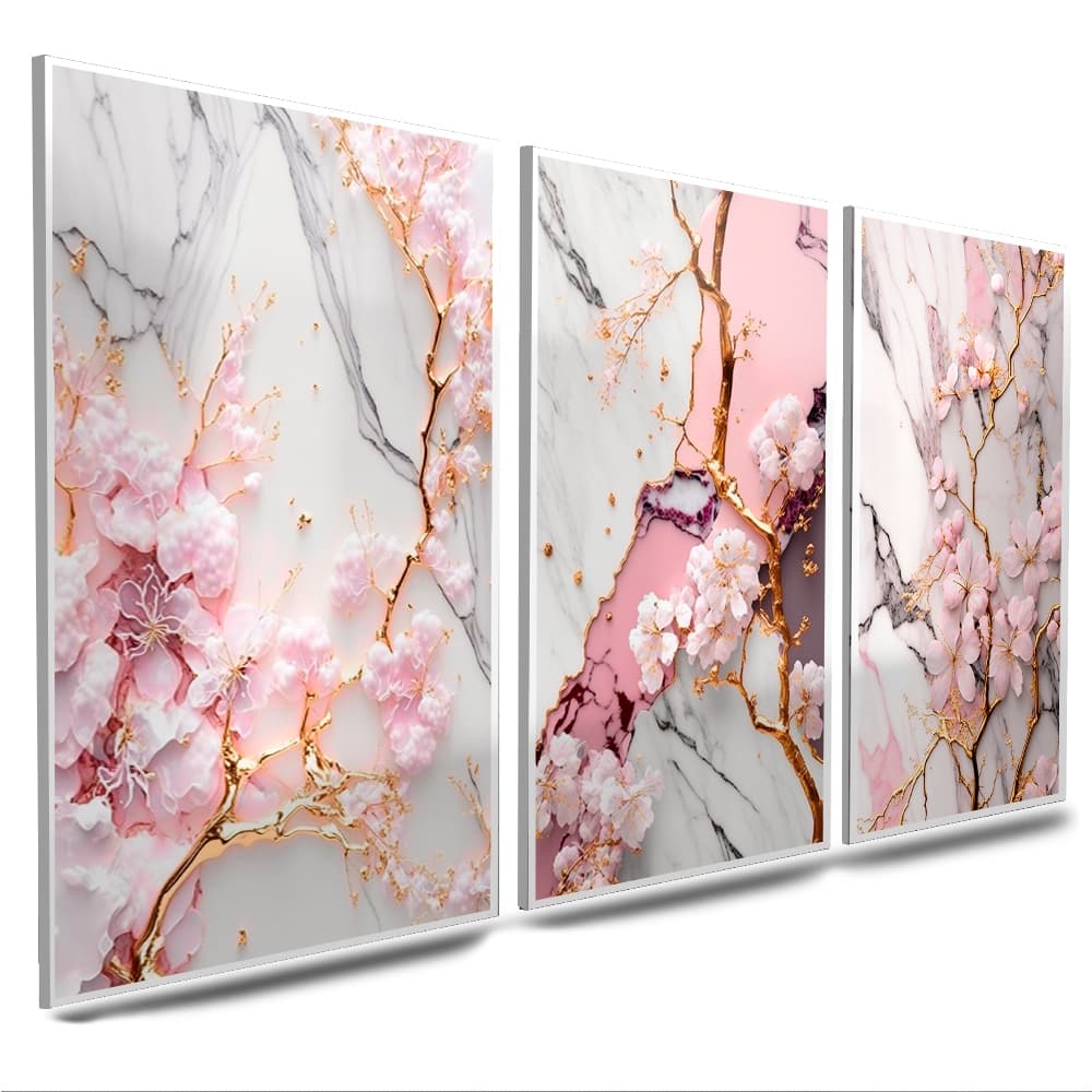 Quadros Decorativo Pintura Flor Branca 3 Peças Mosaico Sala Quarto Escritório