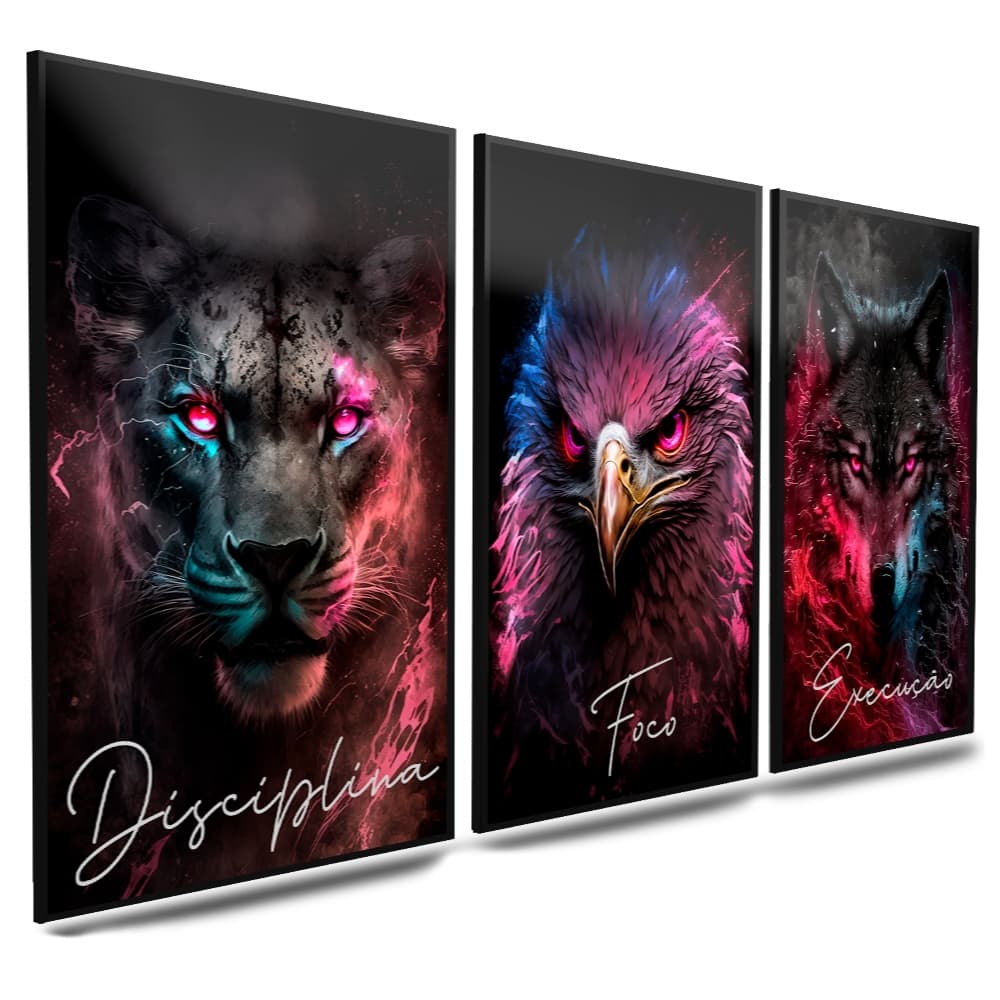 Quadros Decorativo Disciplina Foco Execução Full Hd 3 Peças Mosaico Sala Quarto Escritório
