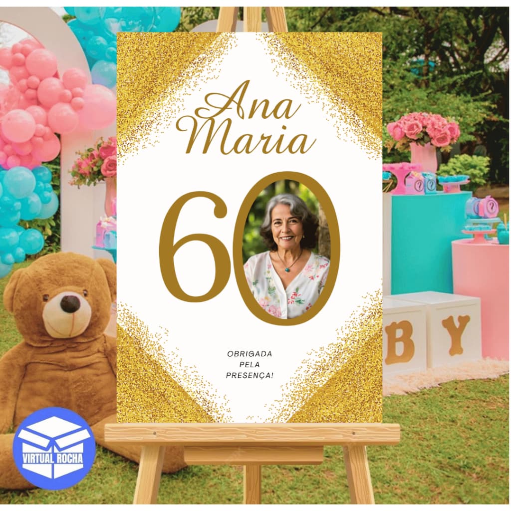 Quadro Decorativo Festa Aniversário 60 Anos Dourado Branco MDF
