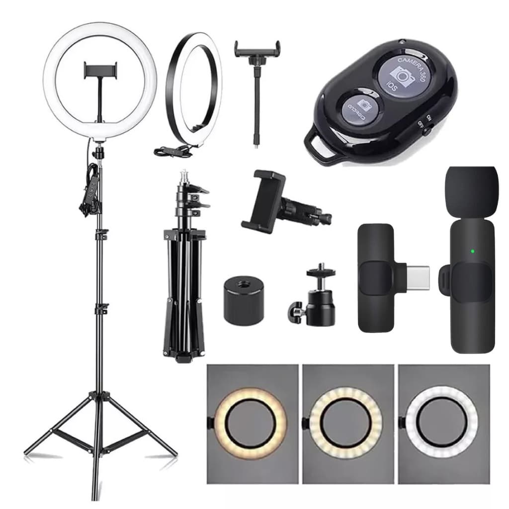 Kit Ring Light Led Tripe + Bt + Microfone Sem Fio Tipo C