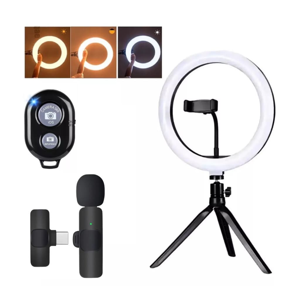 Ringlight 26cm Tripé De Mesa + Bluetooth E Microfone Sem Fio Tipo C