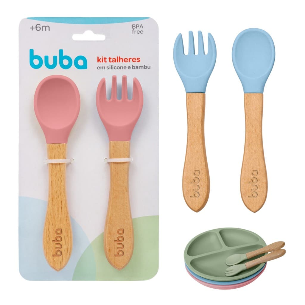 Kit Talheres Garfo e Colher Infantil em Silicone e Bambu - Buba