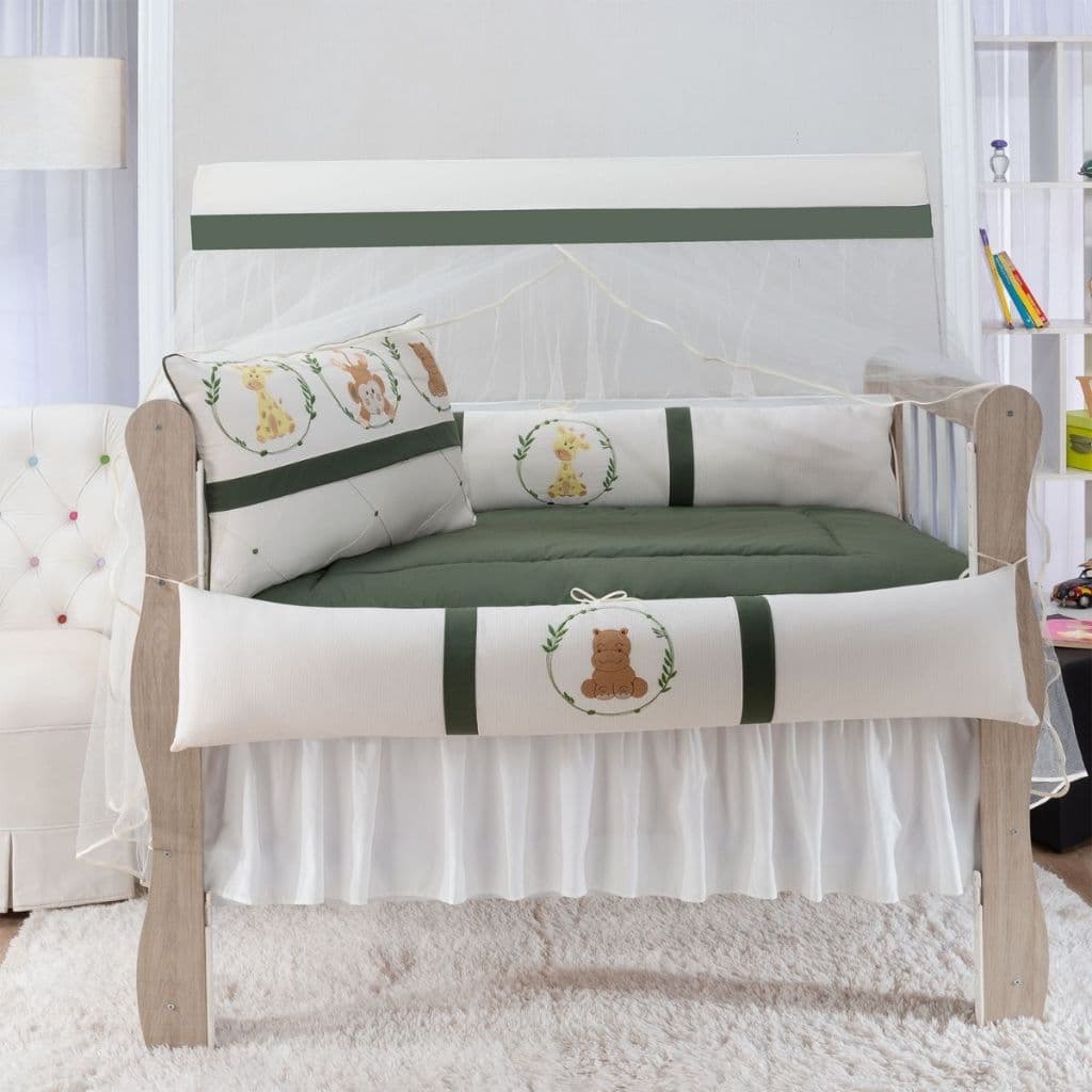 JL Casa Kit Berço Americano  Padrão Completo Menino Com Saia Amiguinhos Do Zoo Safari Verde ou Cinza