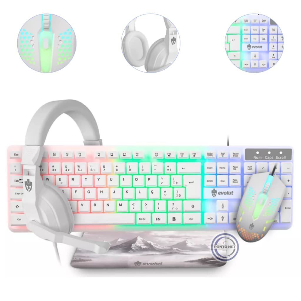 Kit Gamer Evolut Eg55 Starter Branco Rainbow Com Teclado Mousepad Fone Mouse