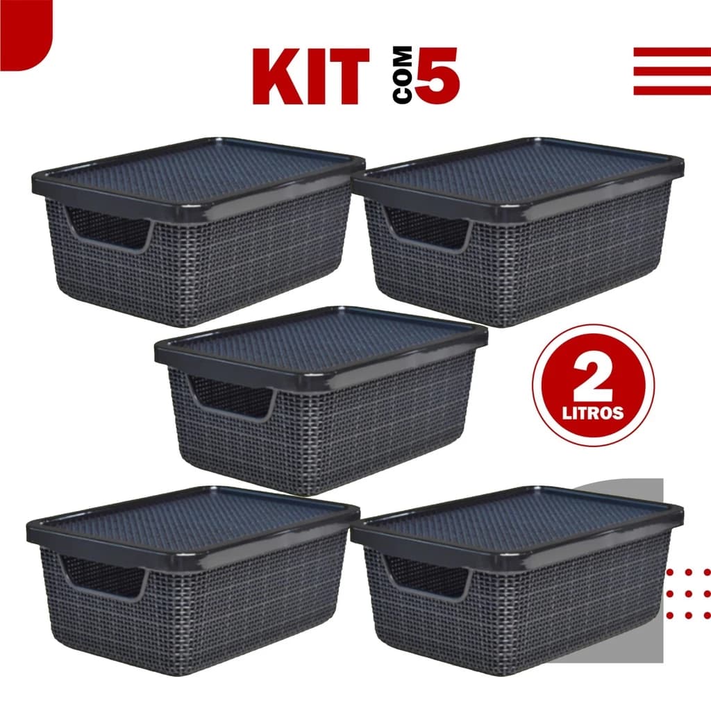 Kit 5 Cestos Organizadores Jutta com Tampa 2L Preto -Caixas Organizador Jutta - TOY 25811