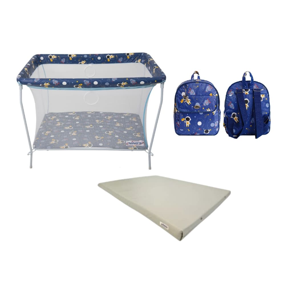 BERÇO CHIQUEIRINHO COLCHÃO MOSQUITEIRO NINOS + MOCHILA INFANTIL ASTRONAUTA