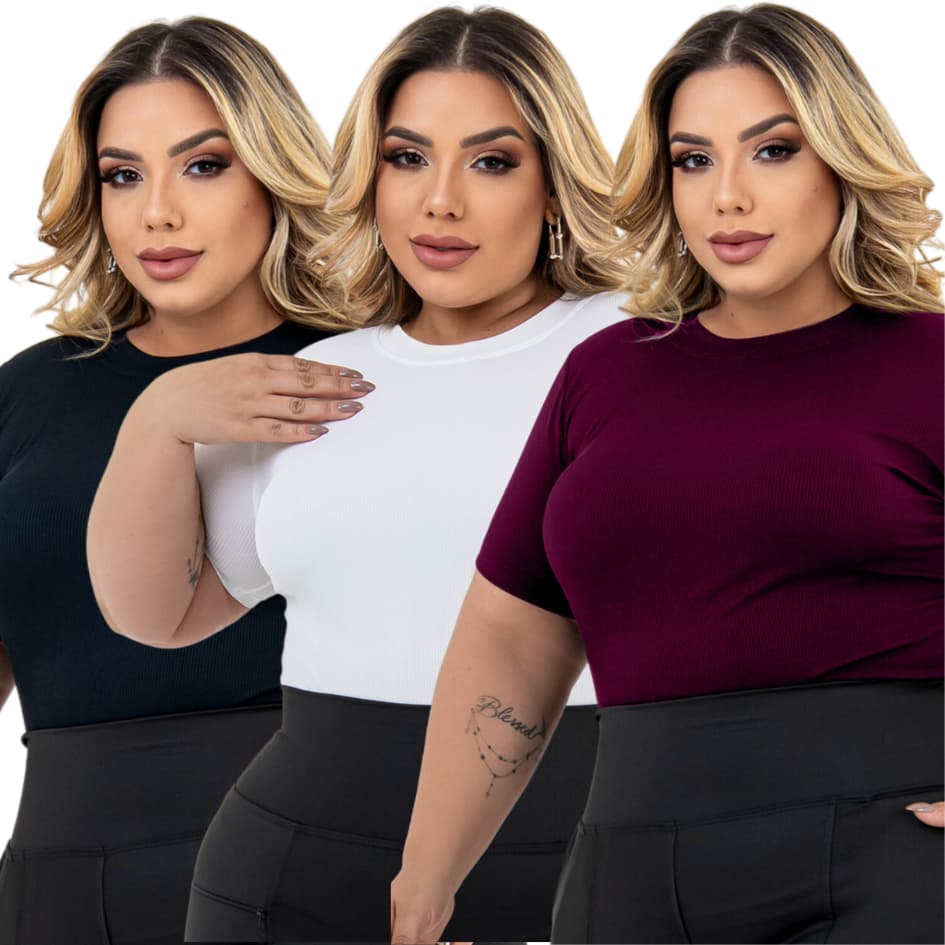 Kit 3 Blusas Feminina Plus Size Manga Curta Canelada Gola Redonda Basica Casual e Elegante G1 ao G3