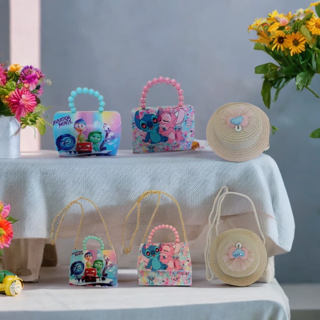 Bolsinha Infantil Divertidamente e Stitch Com Alça e Corrente E Bolsa em Formato de Chapéu de Palha